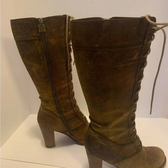 Frye Villager Lace Up Tall Boots stack heel Distressed brown Leather Siz… - Picture 5 of 11